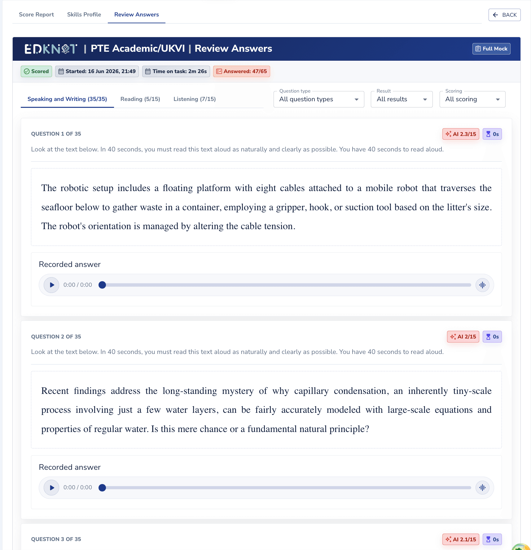 EdKnot mock review-answers view: question prompts with recorded answers and a per-question AI score