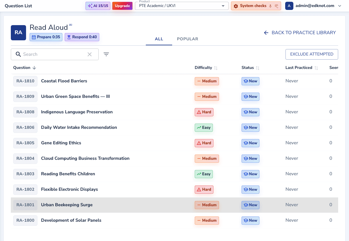 EdKnot Read Aloud question bank with practice status, attempts, and pagination