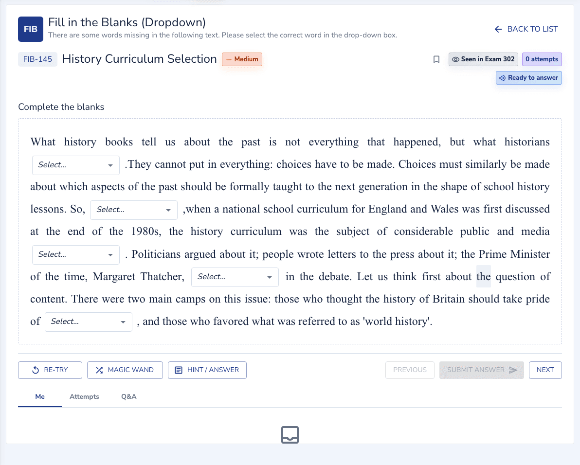 Fill in the Blanks (Dropdown) practice inside the EdKnot question player