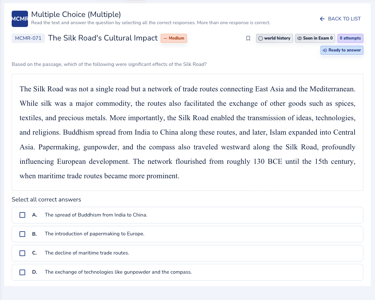 Reading Multiple Choice (Multiple) practice inside the EdKnot question player