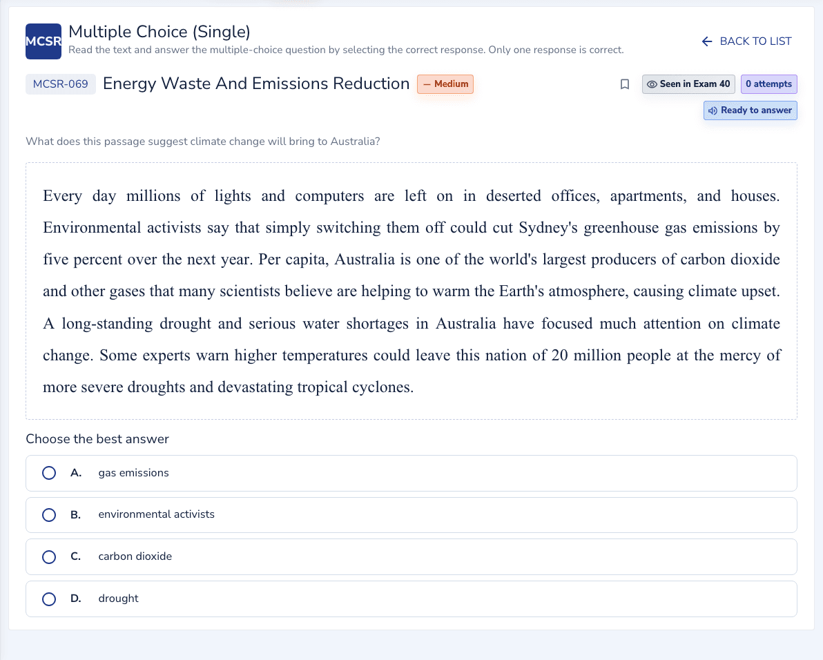 Reading Multiple Choice (Single) practice inside the EdKnot question player