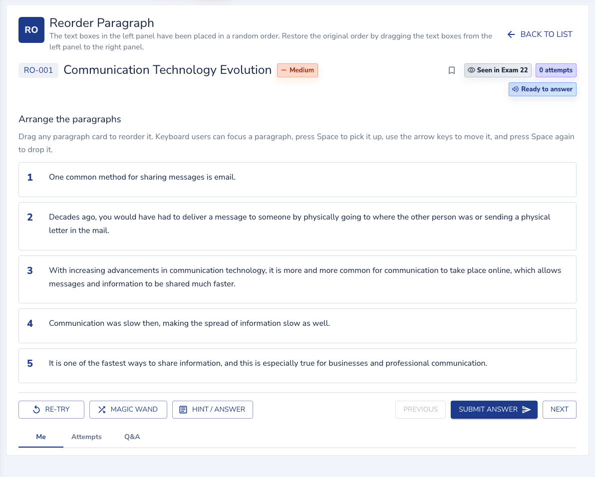 Re-order Paragraphs practice inside the EdKnot question player