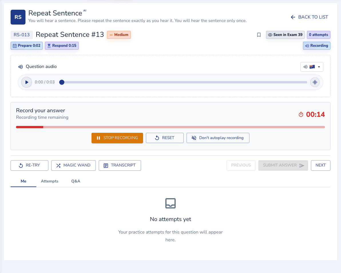 Repeat Sentence practice inside the EdKnot question player