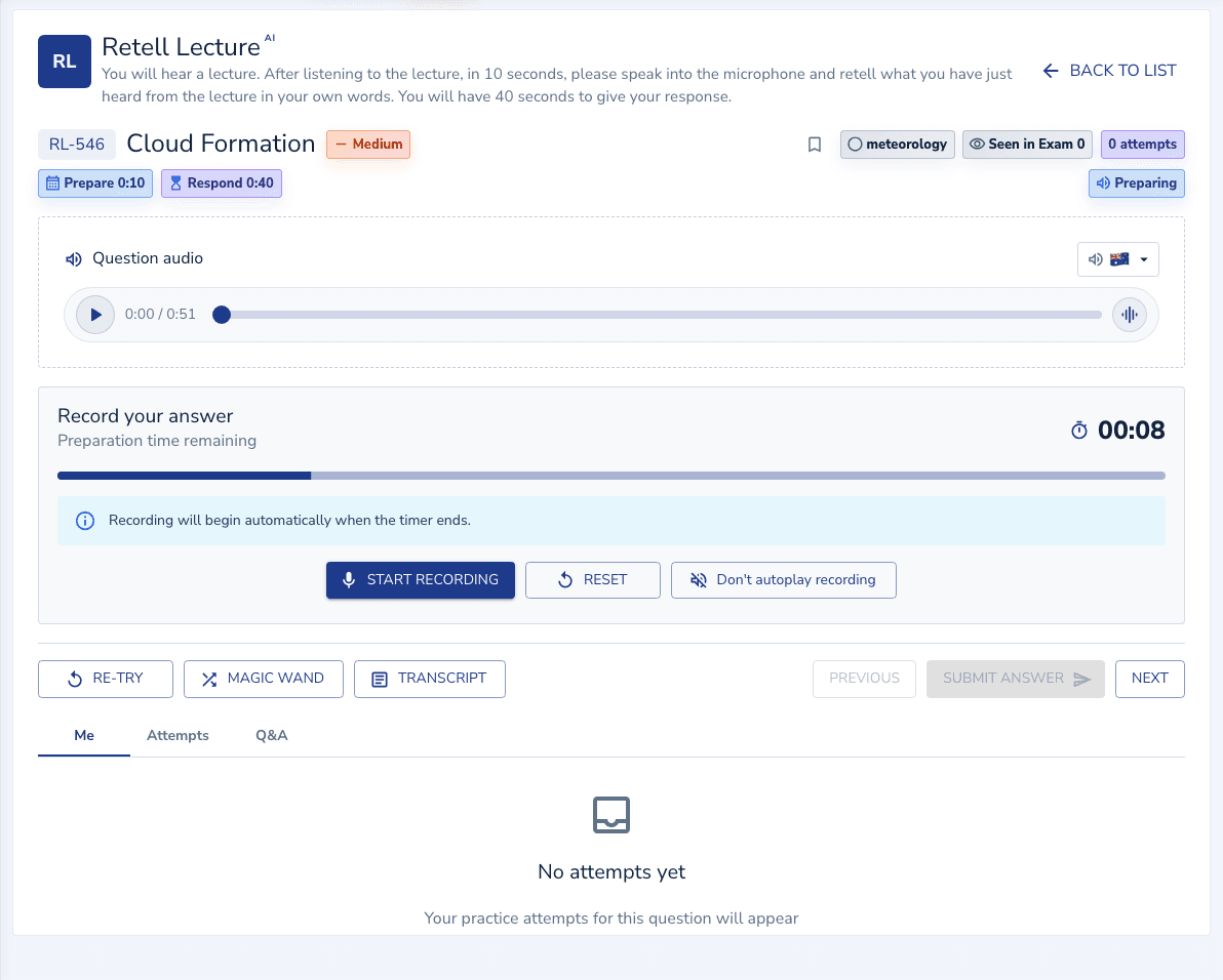 Retell Lecture practice inside the EdKnot question player