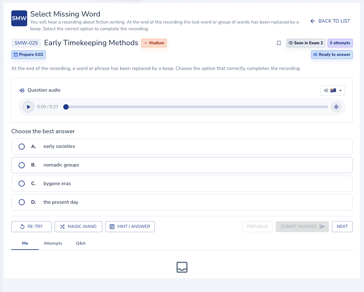 Select Missing Word practice inside the EdKnot question player