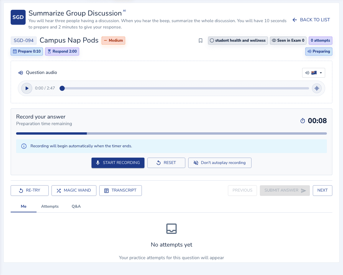 Summarize Group Discussion practice inside the EdKnot question player