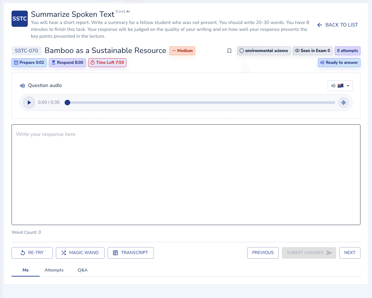 Summarize Spoken Text Core practice inside the EdKnot question player