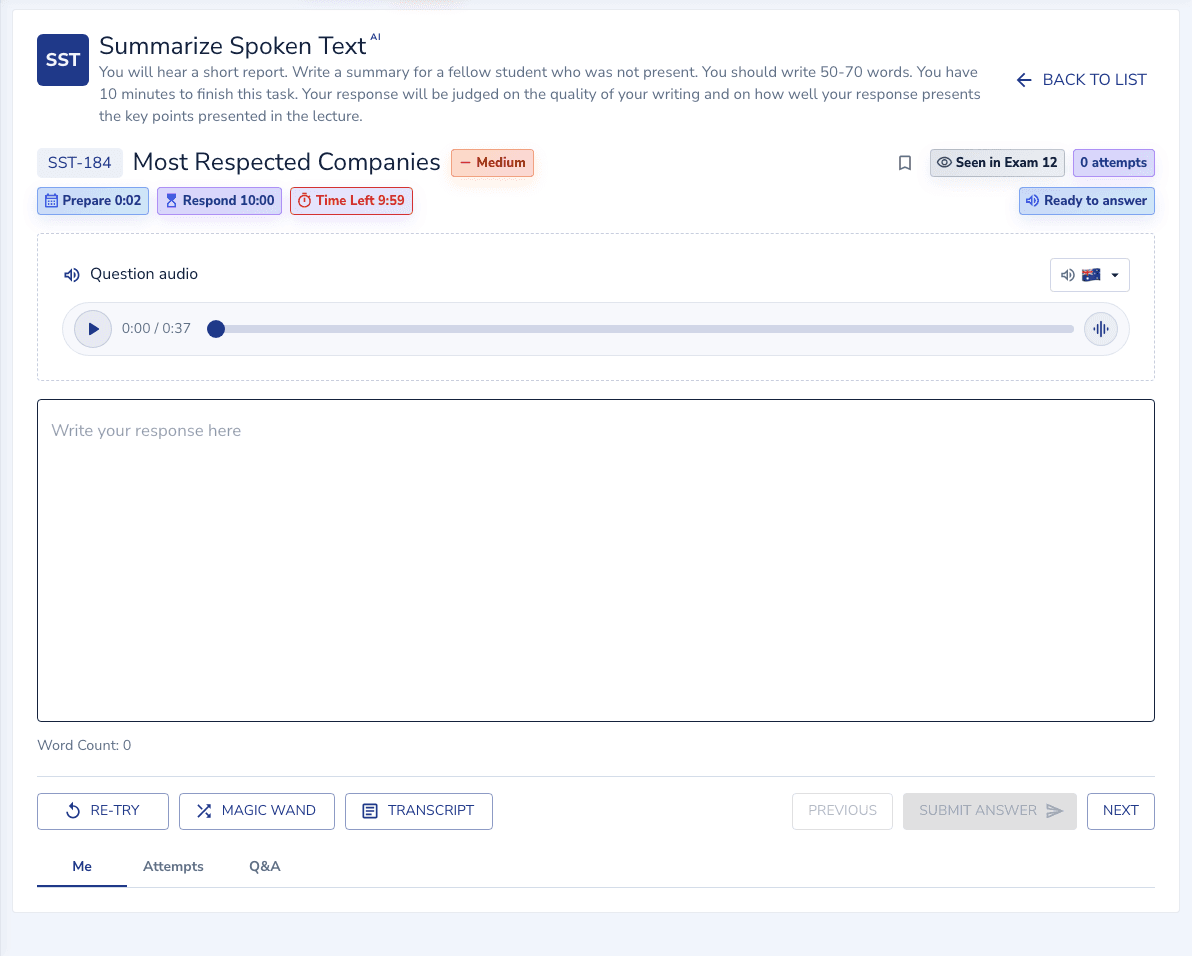 Summarize Spoken Text practice inside the EdKnot question player