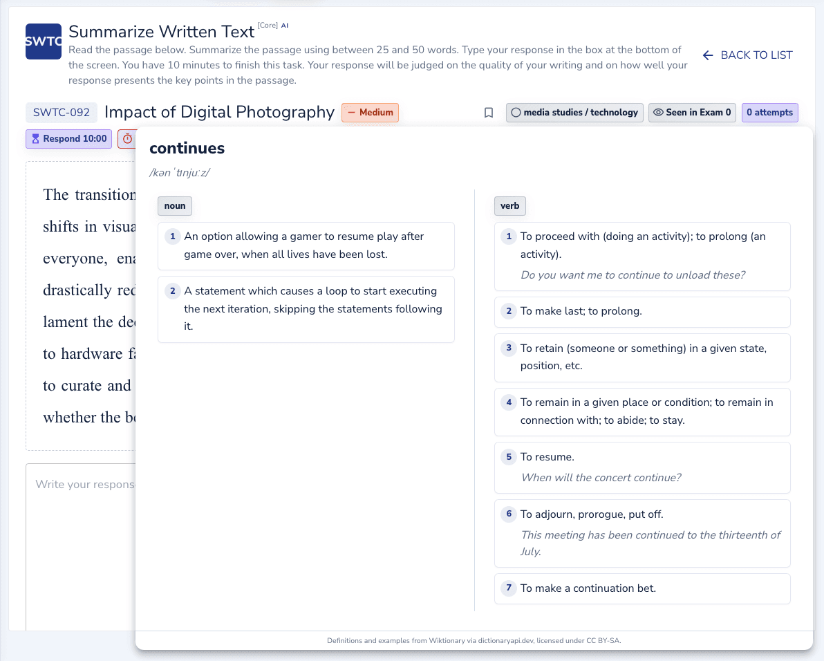 Summarize Written Text Core practice inside the EdKnot question player