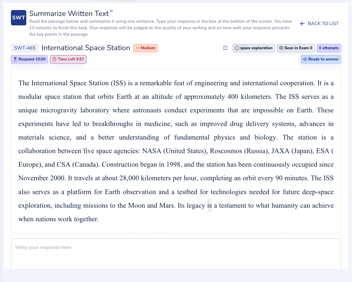 Summarize Written Text practice inside the EdKnot question player