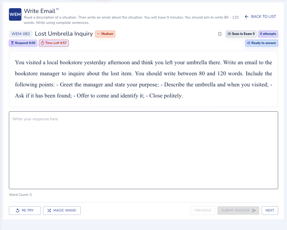 Write Email practice inside the EdKnot question player