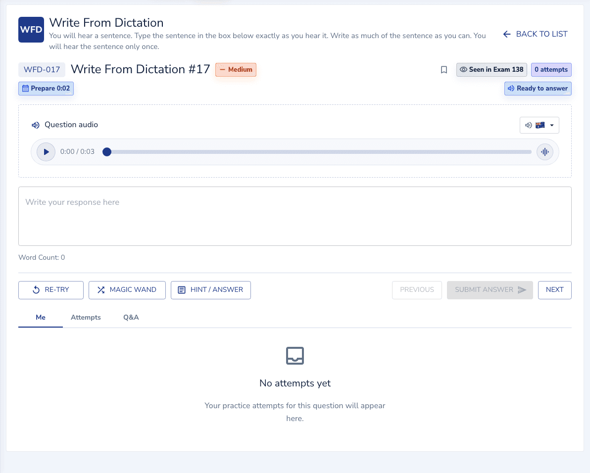 Write From Dictation practice inside the EdKnot question player